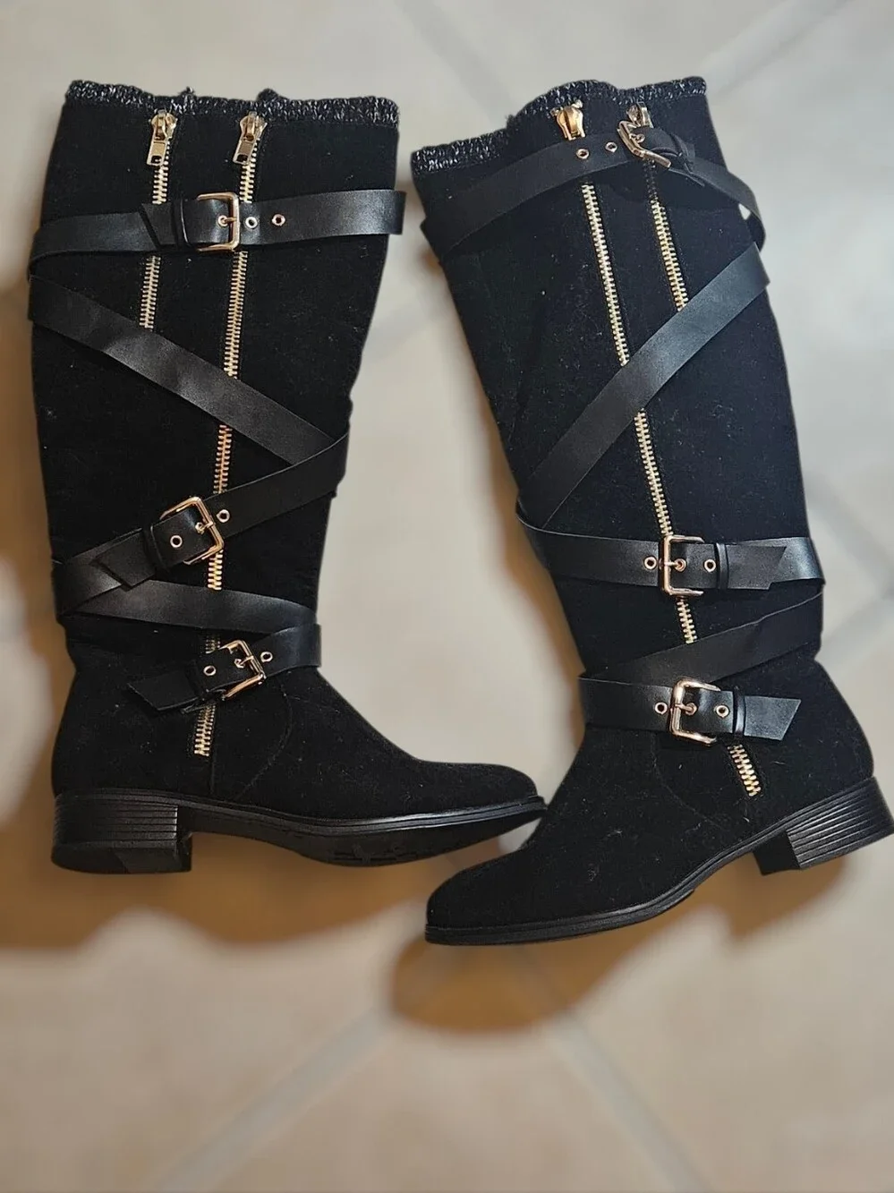 JustFab Black Over-the-Knee Buckle & Gold-Zipper Boots
